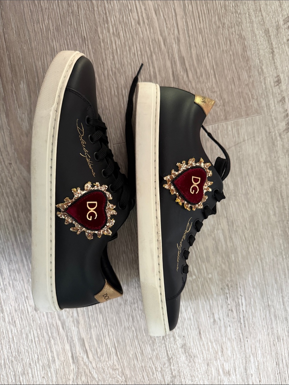 Dolce and Gabbana Black Women's Casual Lace-Up Sneakers with Gold Accents